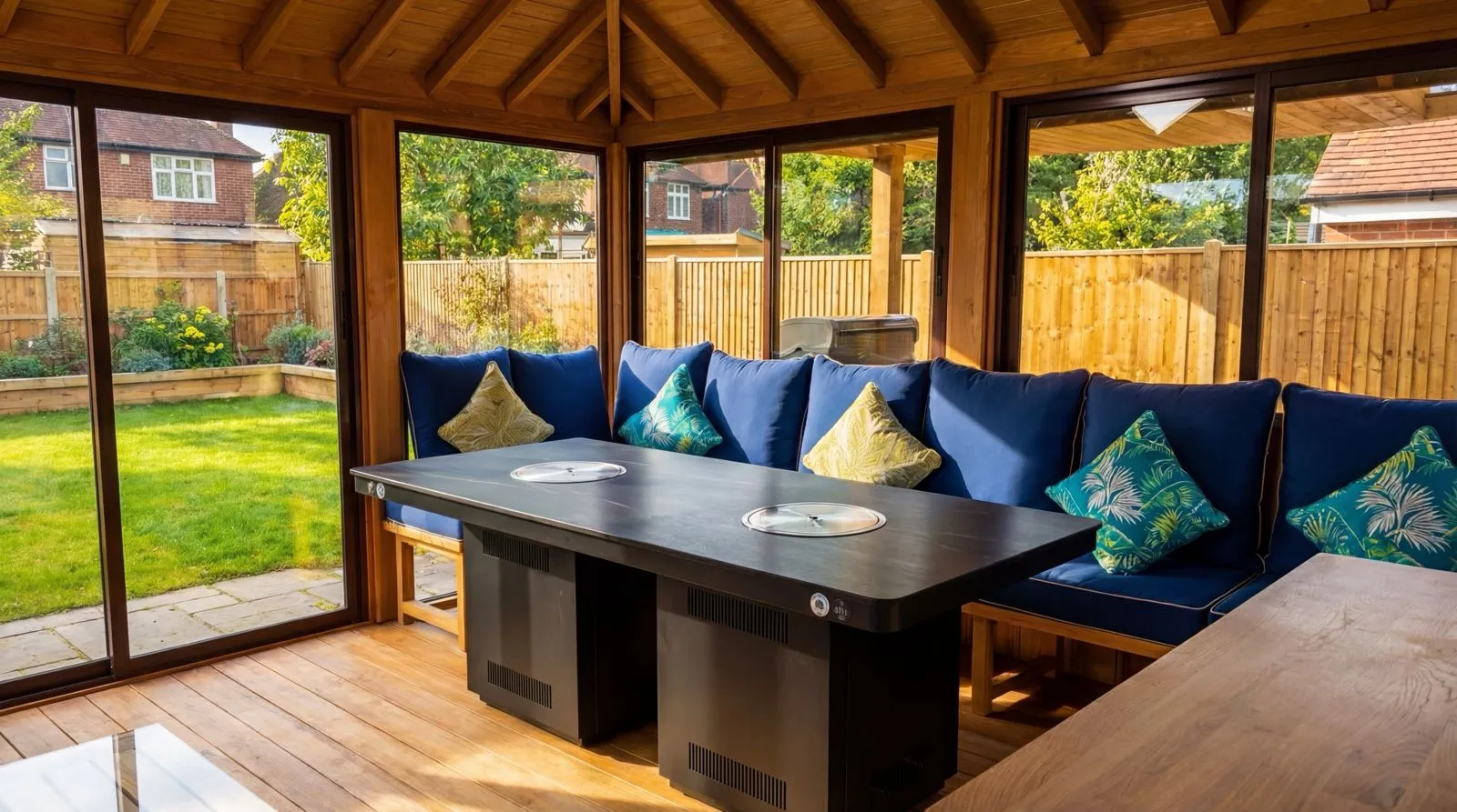 Crown Pavilions Smokeless BBQ Double Grill installed inside a wooden gazebo