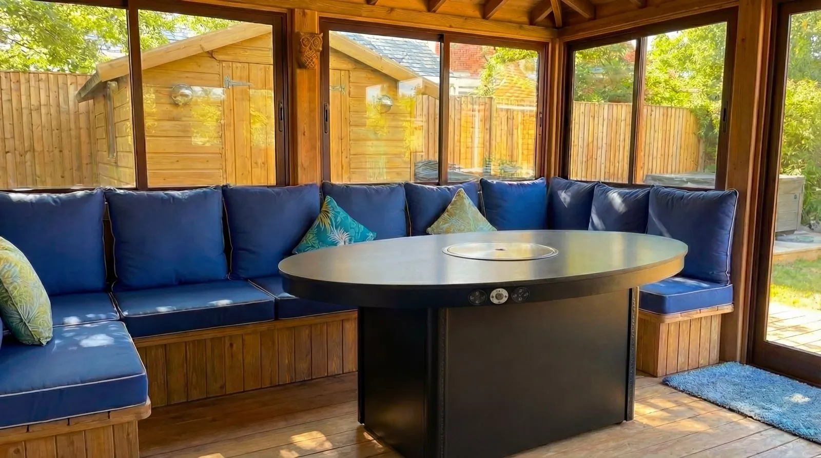 Crown Pavilions Smokeless BBQ Single Grill installed inside a wooden gazebo